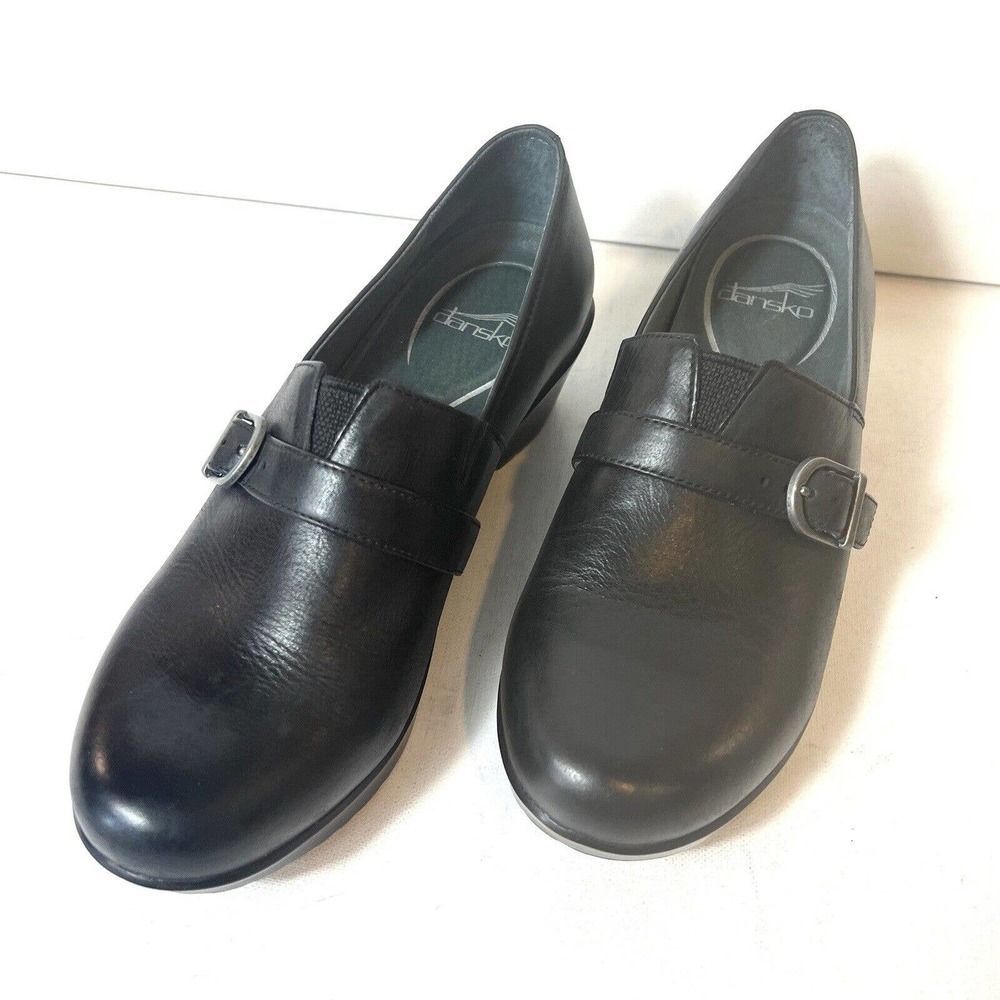Dansko Black Leather Block Mid Heel Women's Shoes EU 39 US 8.5-9 Slip On Clogs - Picture 1 of 13